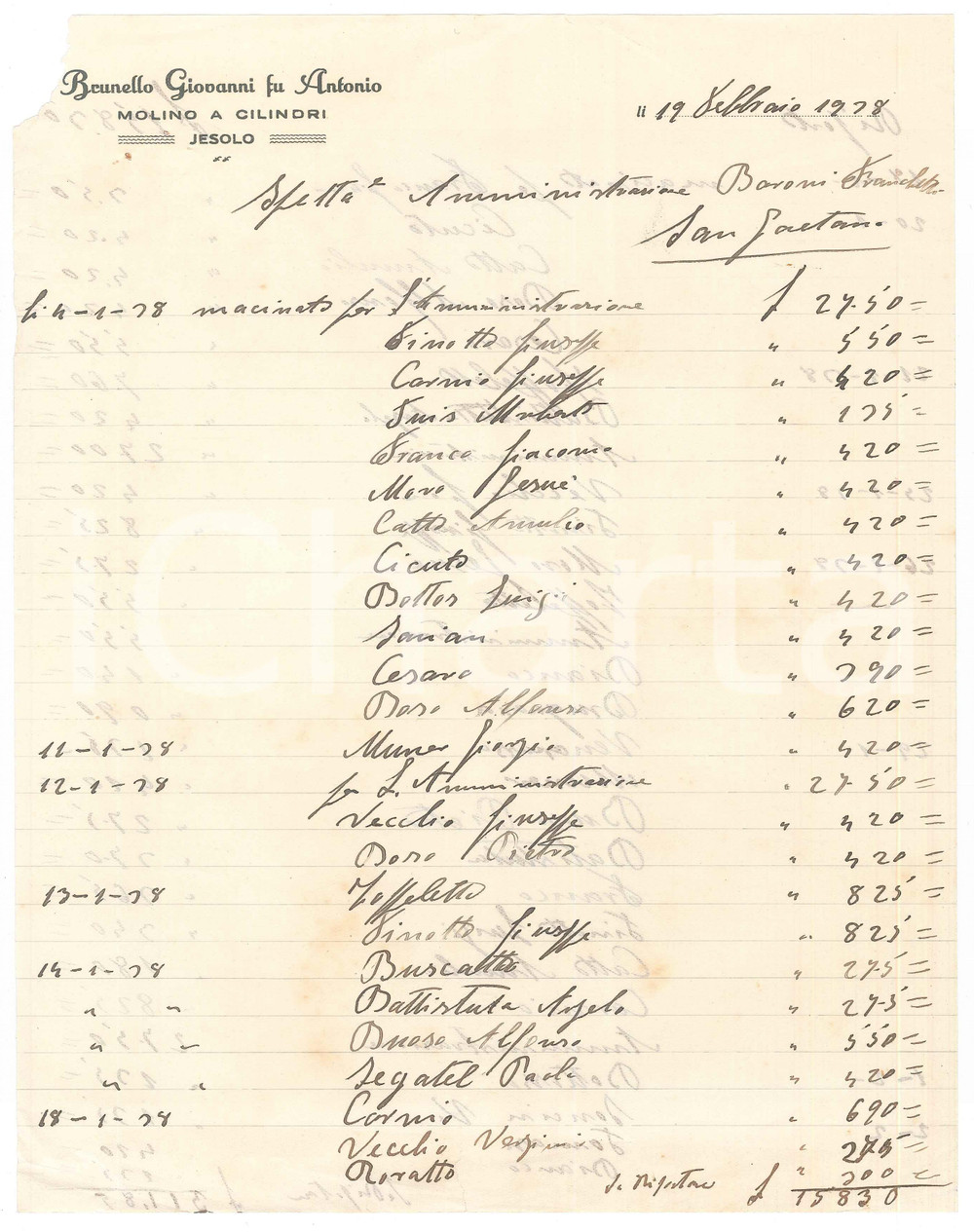Documento originale, autentico 1928 JESOLO VE Giovanni BRUNELLO mulino a cilindri Fattura commerciale 1