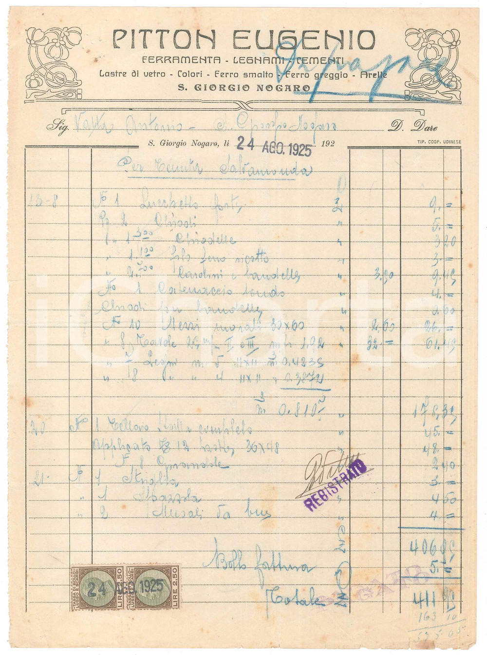 Documento originale, autentico 1925 SAN GIORGIO DI NOGARO  Eugenio PITTON Ferramenta legnami cementi Fattura 1