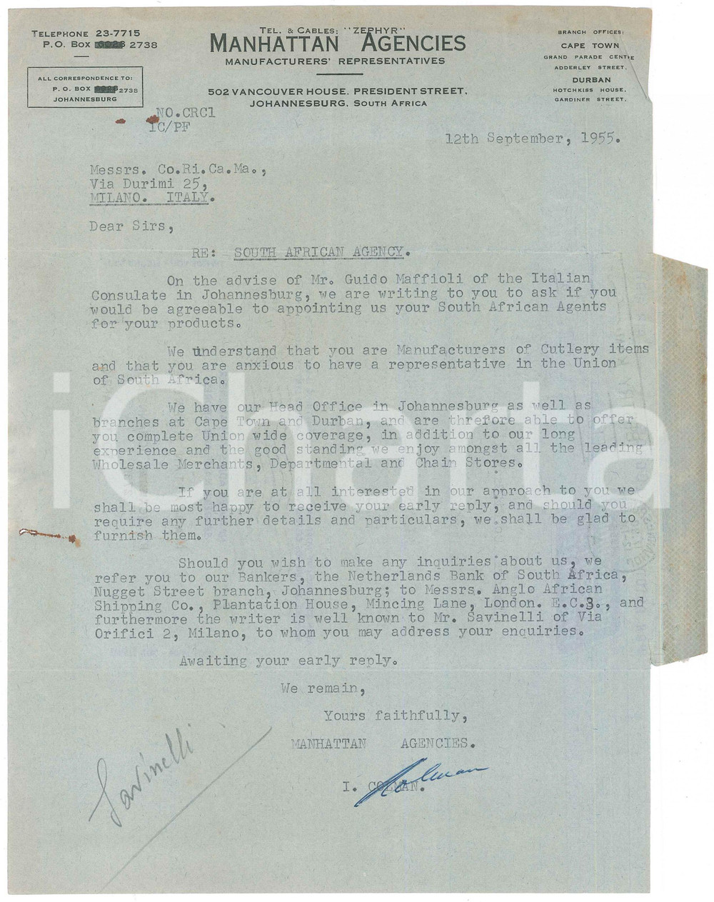 Documento originale, autentico 1955 JOHANNESBURG  MANHATTAN Agencies  Representatives  Lettera commerciale 1