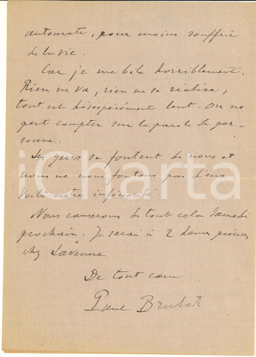 1916 (?) PARIS Paul BRULAT "Rien ne va, rien ne se rÃ©alise" *Autographe Lettera autografa del giornalista e scrittore Paul Brulat all'amico Pierre d'Hugues.PAGINE: 4 (2 facciate scritte) POOR/danneggiato piegature d'epoca  originale e autentica 1