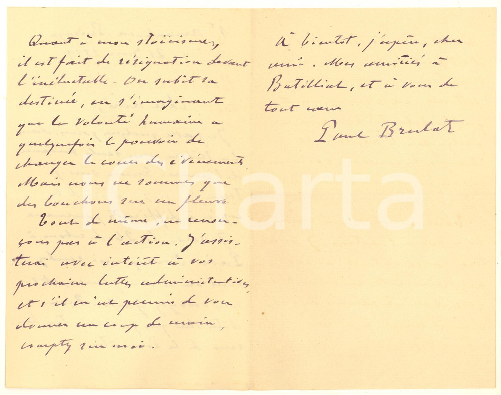 1919 SAINT-AMAND-EN-PUISAYE Lettera Paul BRULAT "On subit sa destinée" Autografo