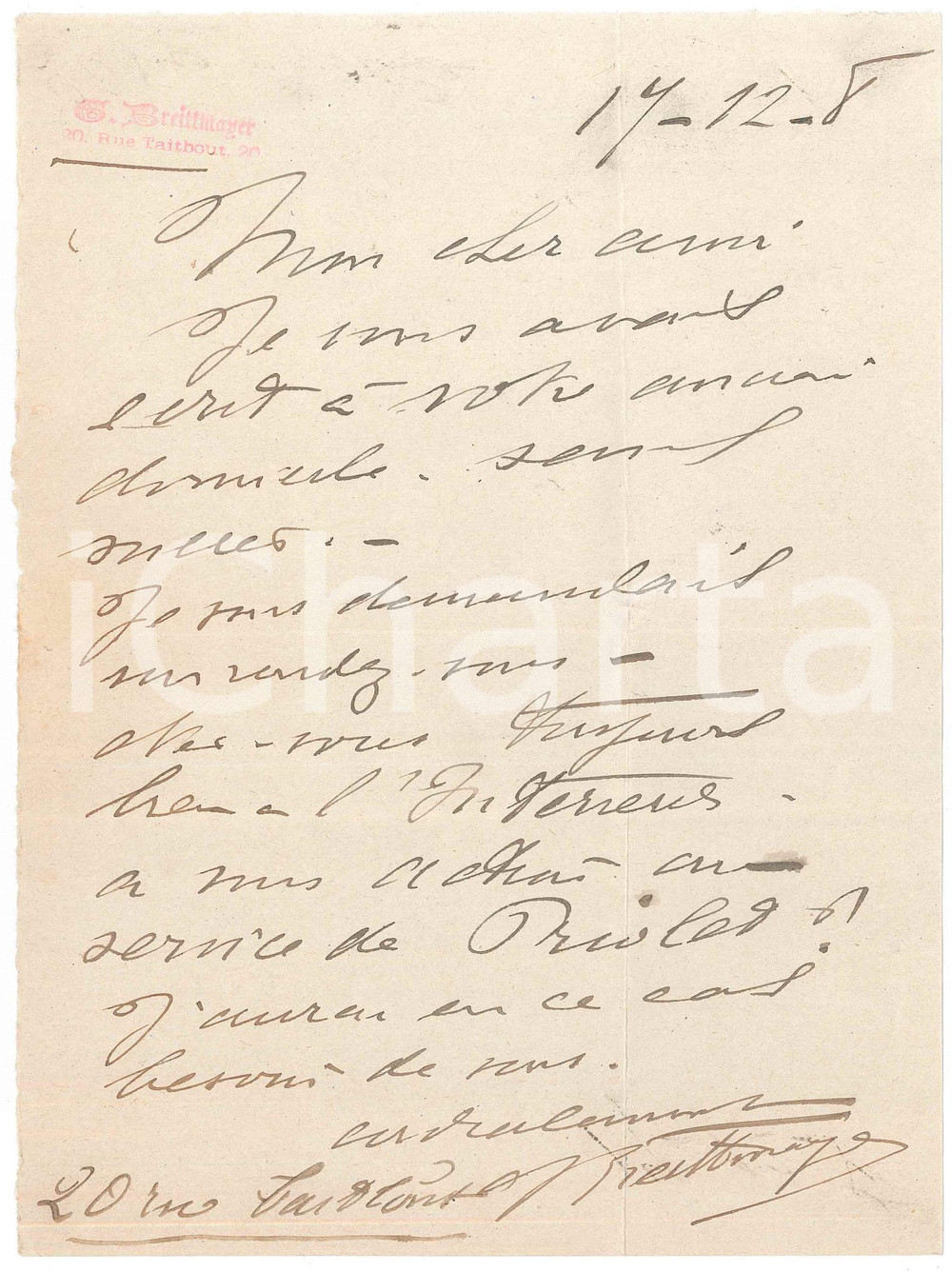 Autografo originale 1908 PARIS Lettera Georges BREITTMAYER per appuntamento  Autografo 1