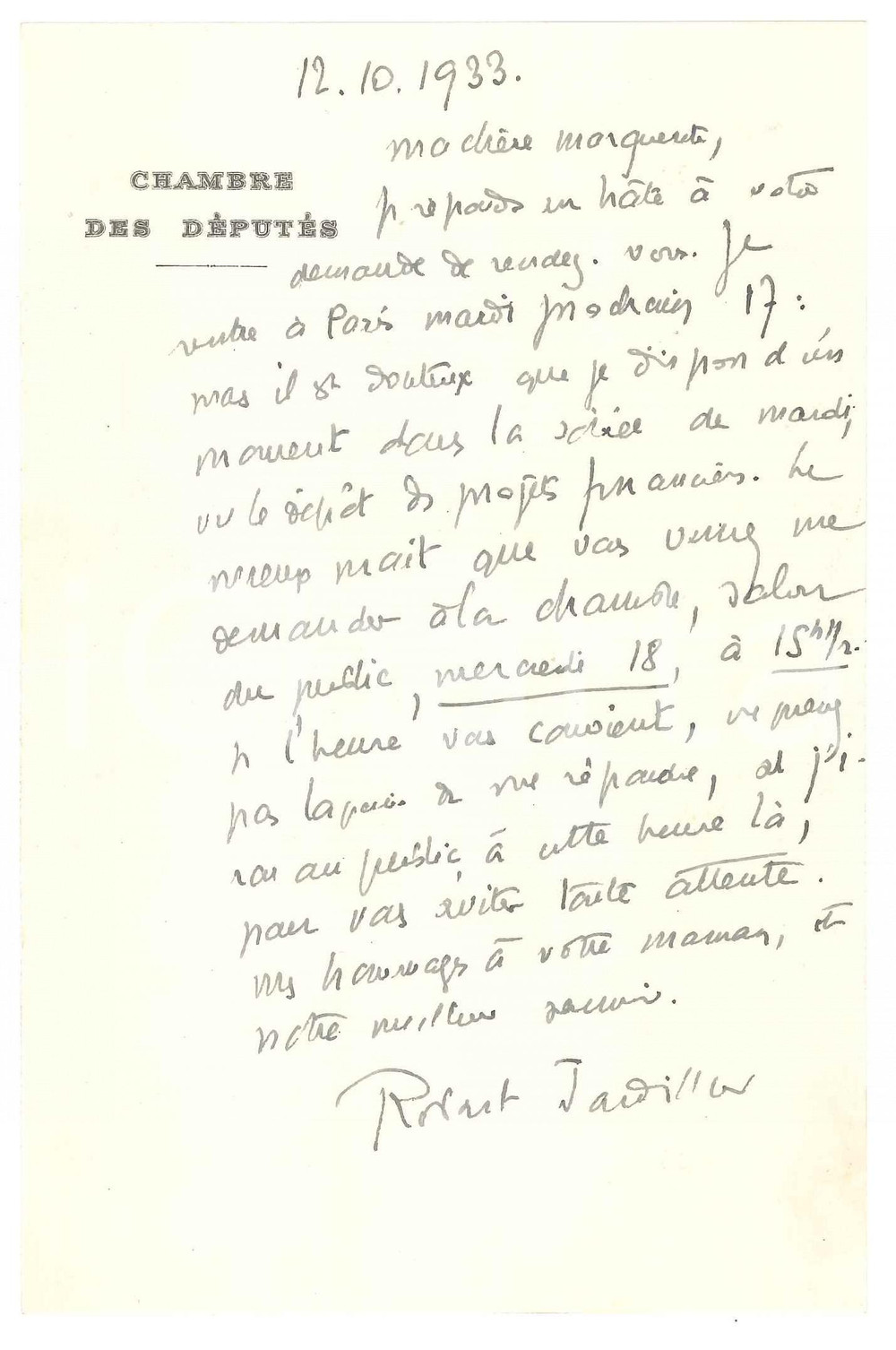 Autografo originale 1933 FRANCE DÃ©putÃ© Robert JARDILLIER programme sa rentrÃ©e Ã  Paris  Autographe 1
