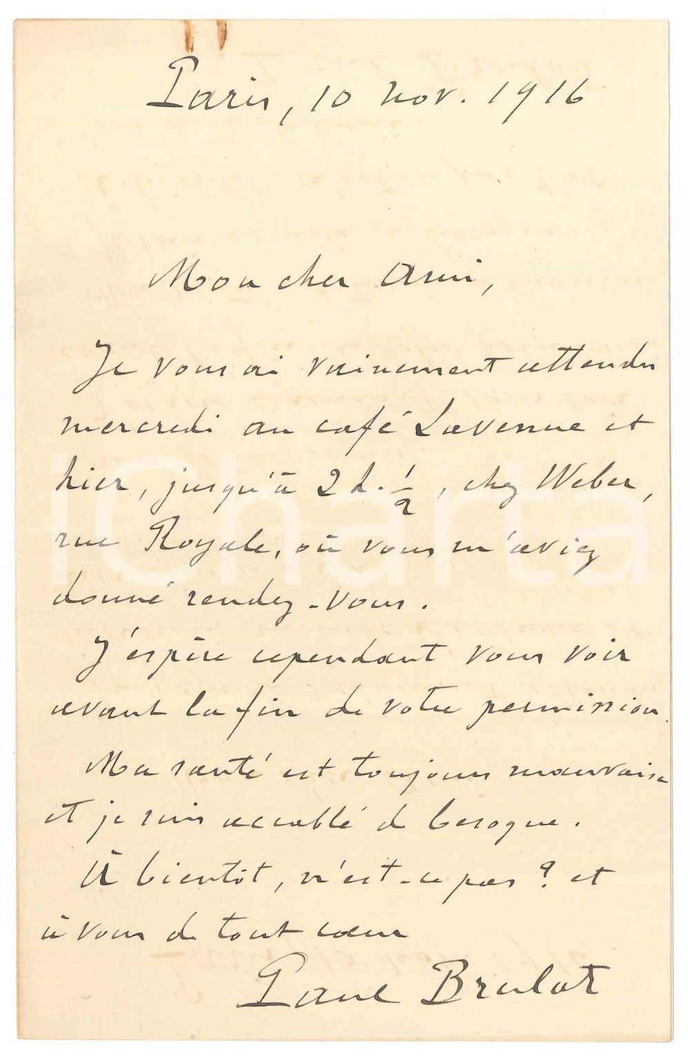 Autografo originale 1916 PARIS Lettera Paul BRULAT in attesa di un amico Autografo 1