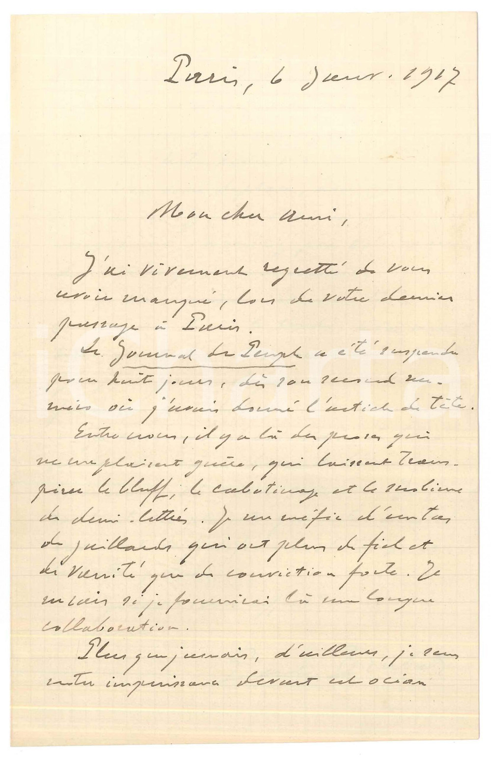 Autografo originale 1917 PARIS Paul BRULAT e la sospensione del Journal du Peuple  Autografo 1