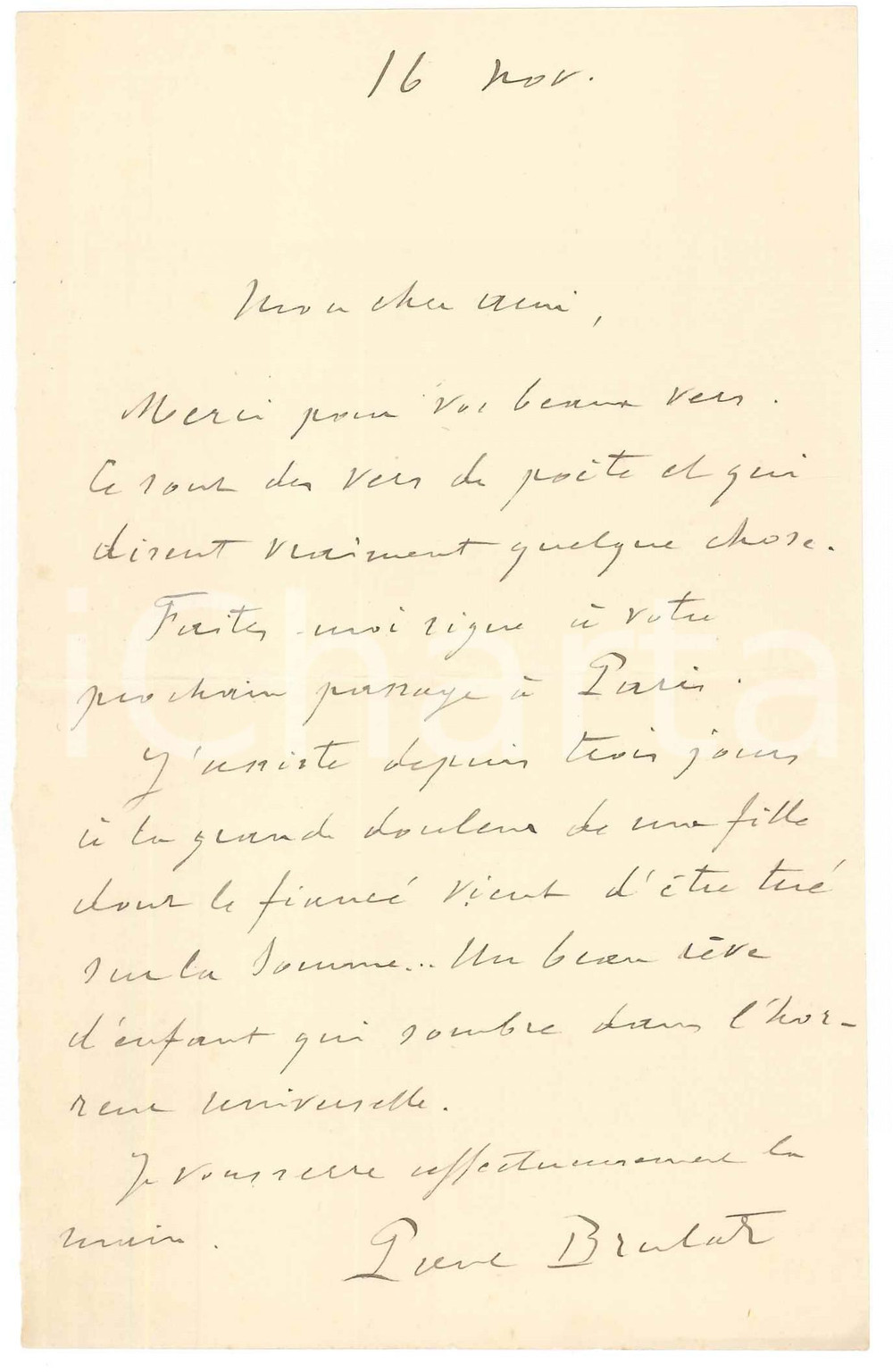 Autografo originale 1916 WW1 PARIS Paul BRULAT e la morte in guerra di un giovane  Autografo 1