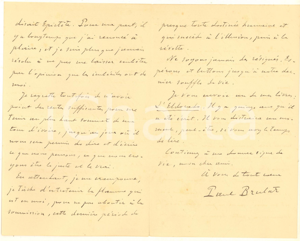 Autografo originale 1916 WW1 PARIS Paul BRULAT Marasme et tristesse face Ã  l humanitÃ©  Autographe 1