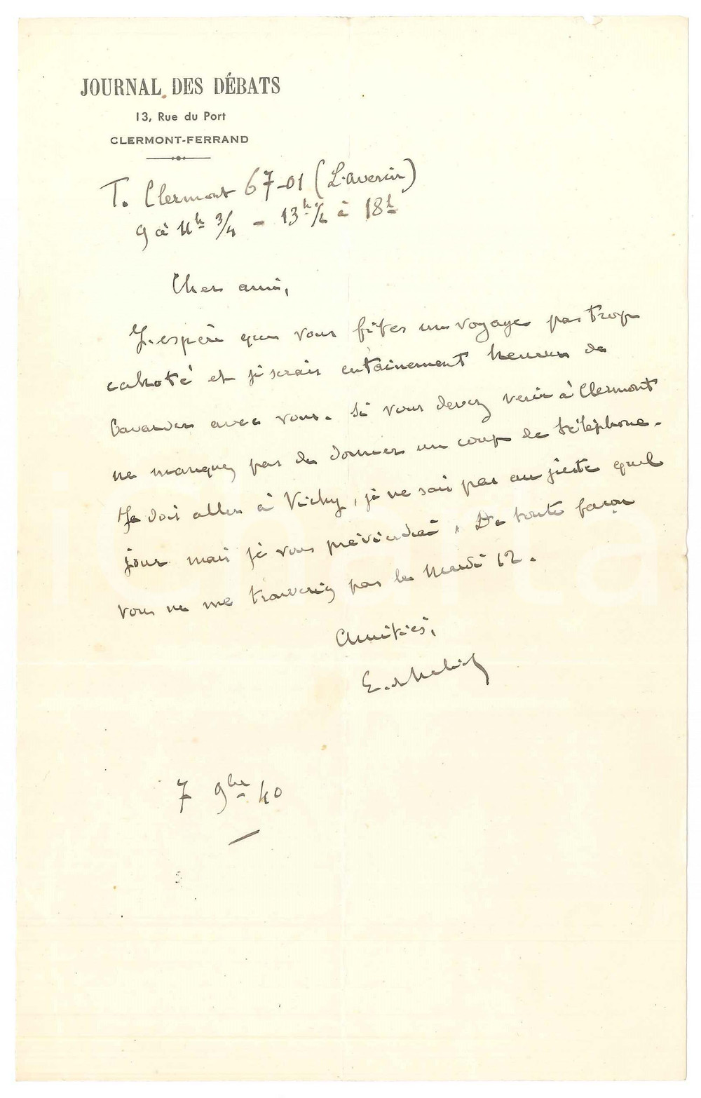 Autografo originale 1940 CLERMONTFERRAND Lettera Etienne BANDY DE NALECHE a un amico Autografo 1