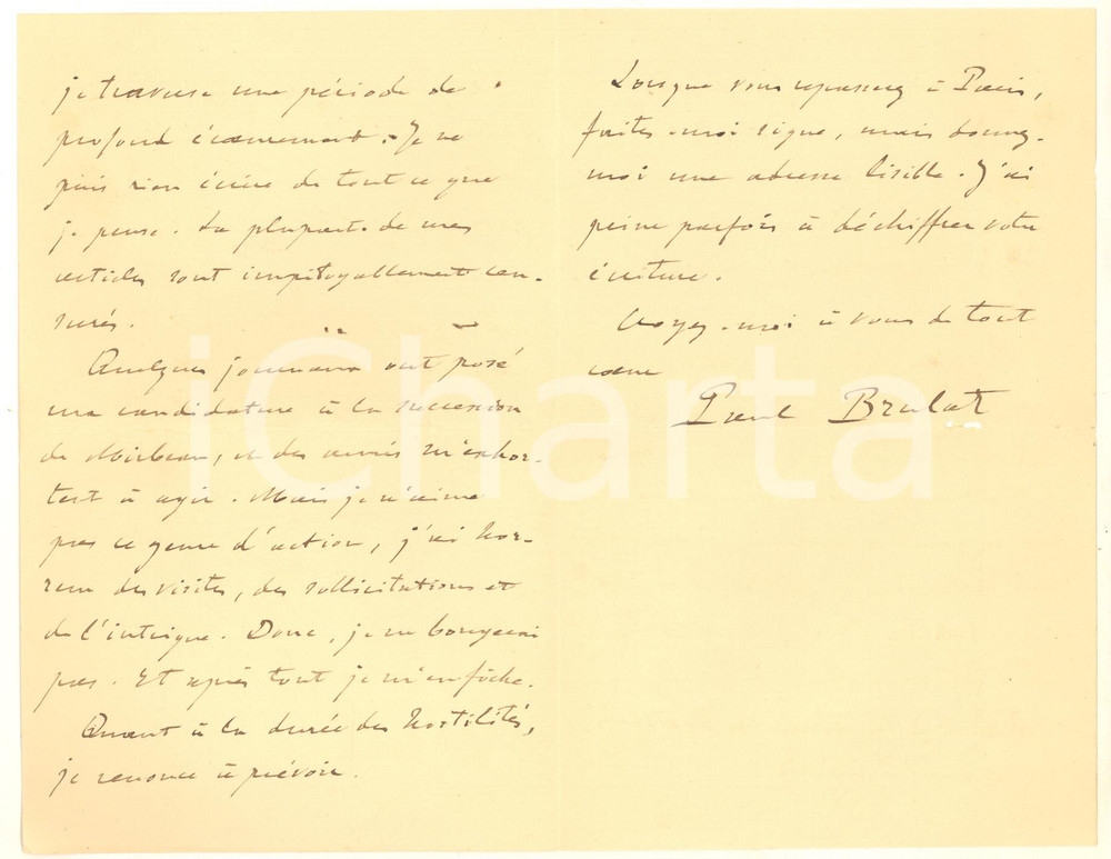 Autografo originale 1917 PARIS Paul BRULAT interessato agli Annales RÃ©volutionnaires e Robespierre 1