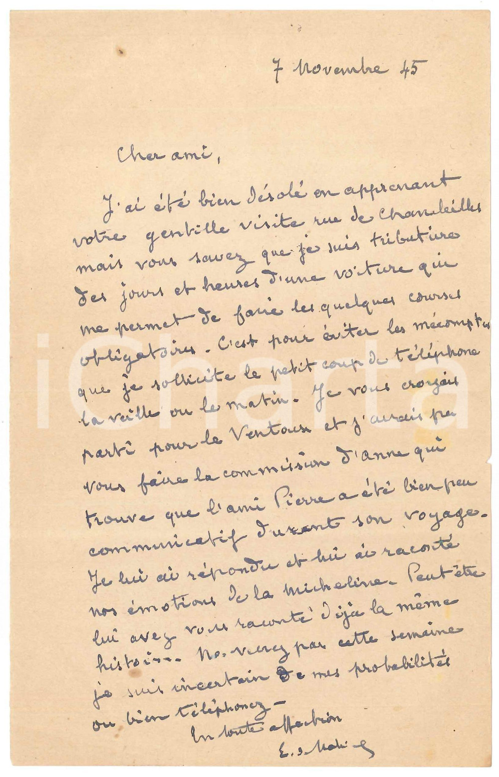 Autografo originale 1945 FRANCE Lettera Etienne BANDY DE NALECHE a un amico per incontro Autografo 1