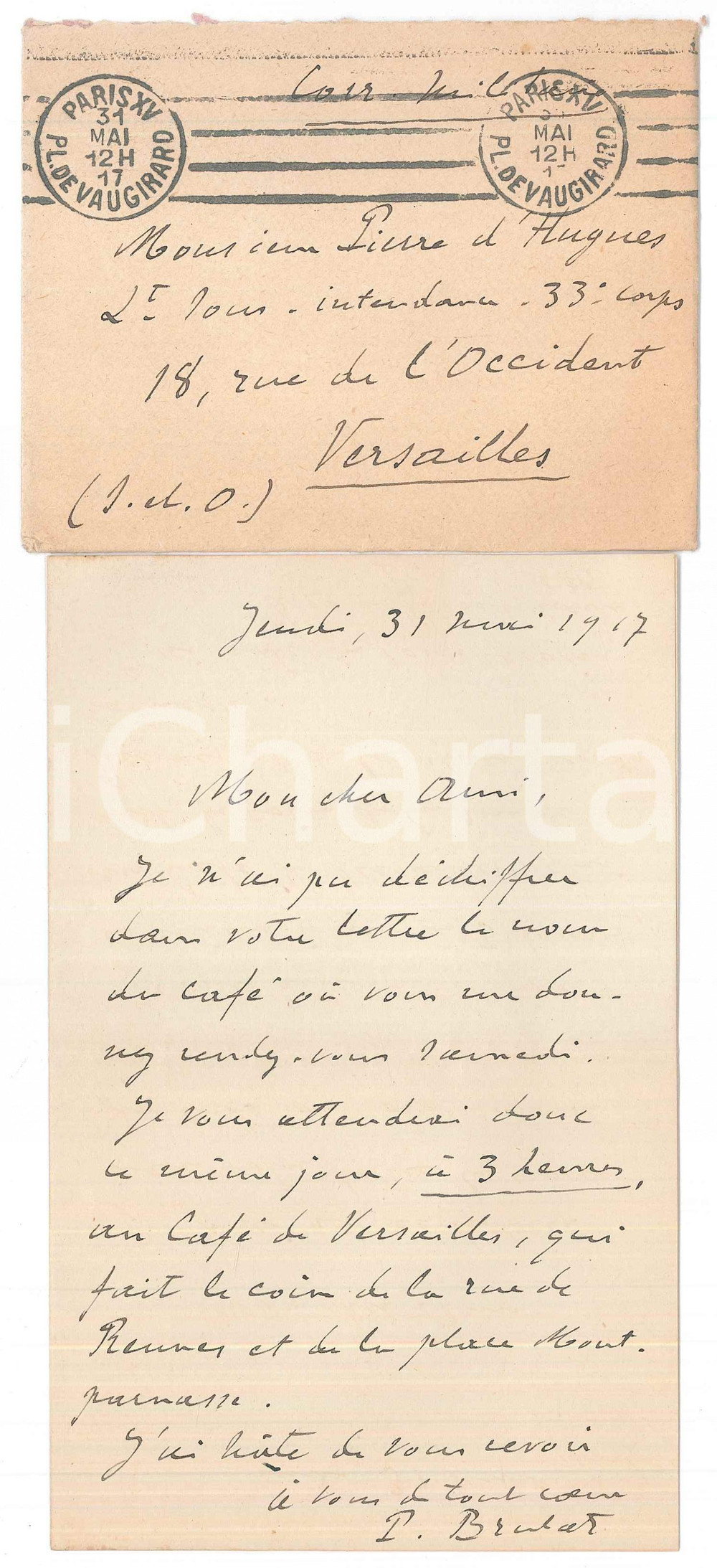 Autografo originale 1917 PARIS Paul BRULAT  Rendezvous au CafÃ© de Versailles Autographe 1