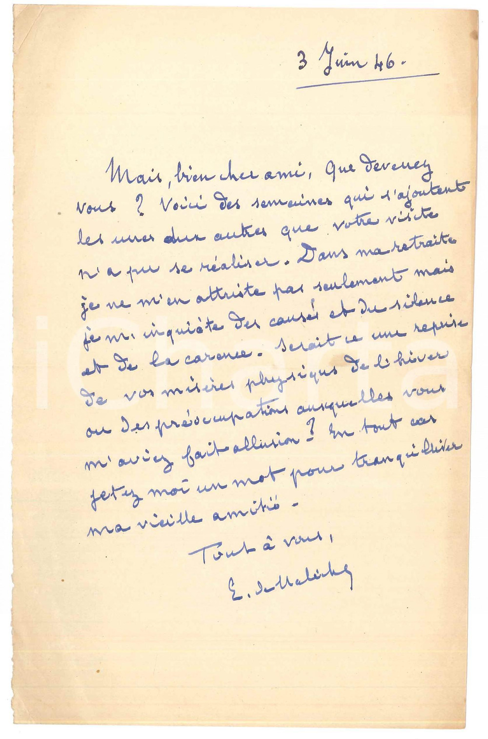 Autografo originale 1946 FRANCE Etienne BANDY DE NALECHE a un amico in silenzio Autografo 1