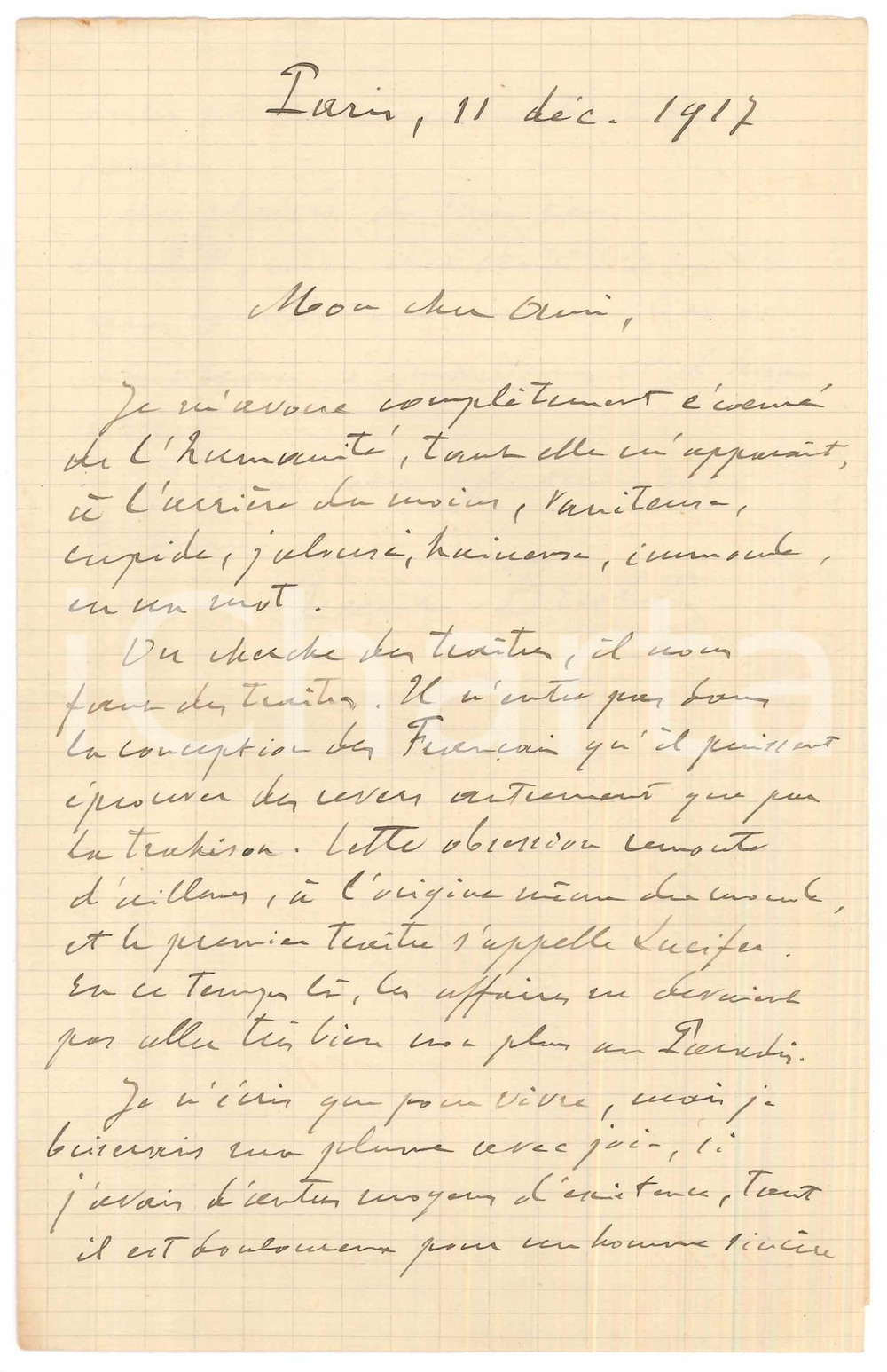 1917 PARIS Paul BRULAT "L'humanité m'apparait immonde" - Autographe