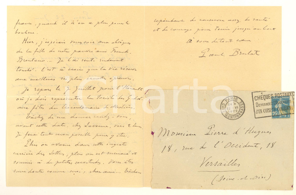 1922 PARIS Paul BRULAT et visite mélancolique au village natale *Autographe