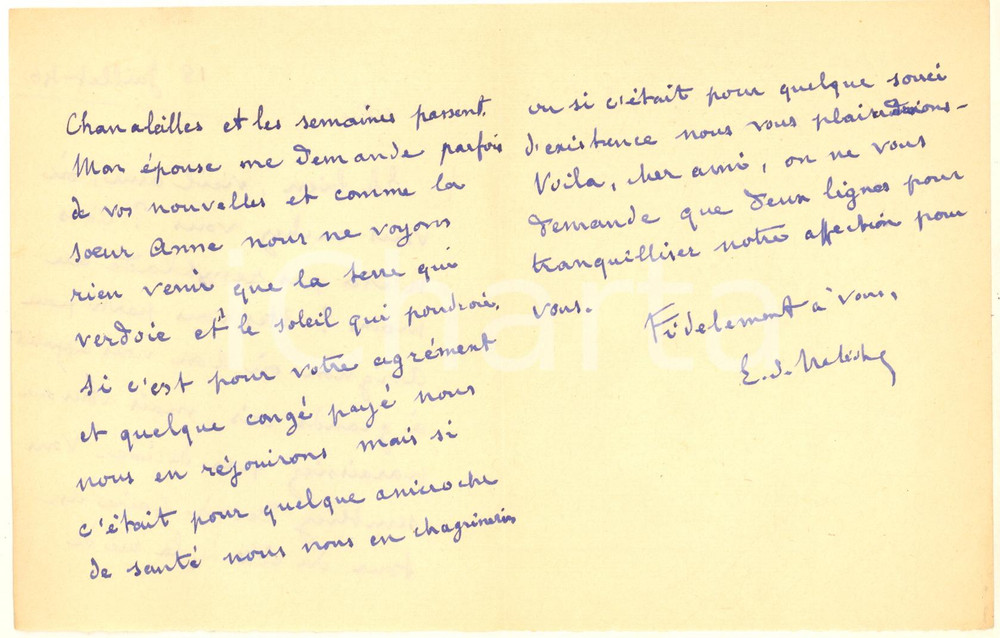 Autografo originale Luglio 1946 FRANCE Etienne BANDY DE NALECHE  Lettera a un amico Autografo 1