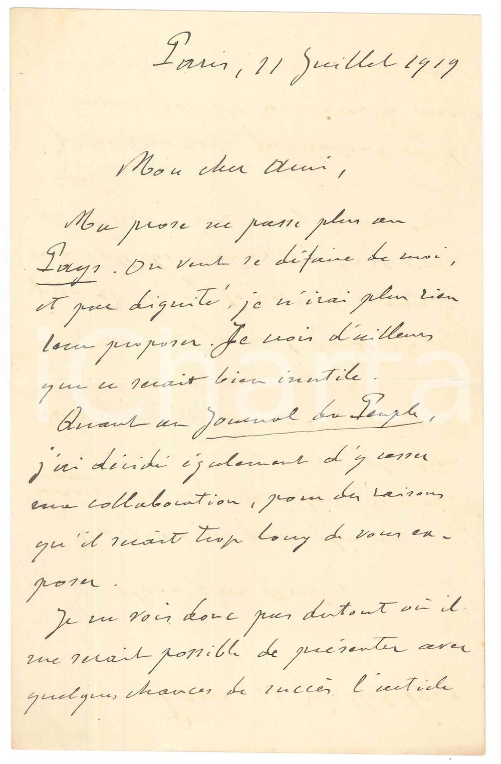 Autografo originale 1919 PARIS Paul BRULAT Ma prose ne passe plus au Pays Autographe 1