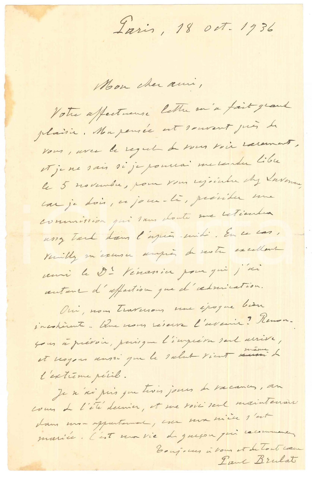 Autografo originale 1936 PARIS Lettera Paul BRULAT per un prossimo incontro  Autografo 1