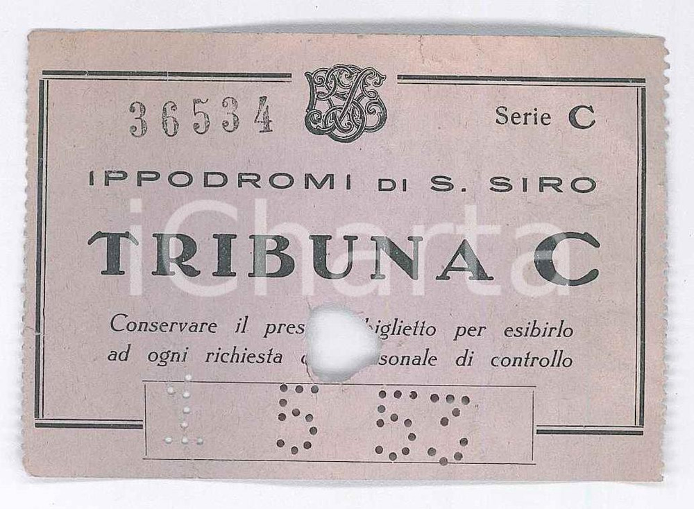 Oggetto da collezione cartaceo 1953 MILANO Ippodromi di San Siro  Biglietto obliterato TRIBUNA C 8x5 cm 1