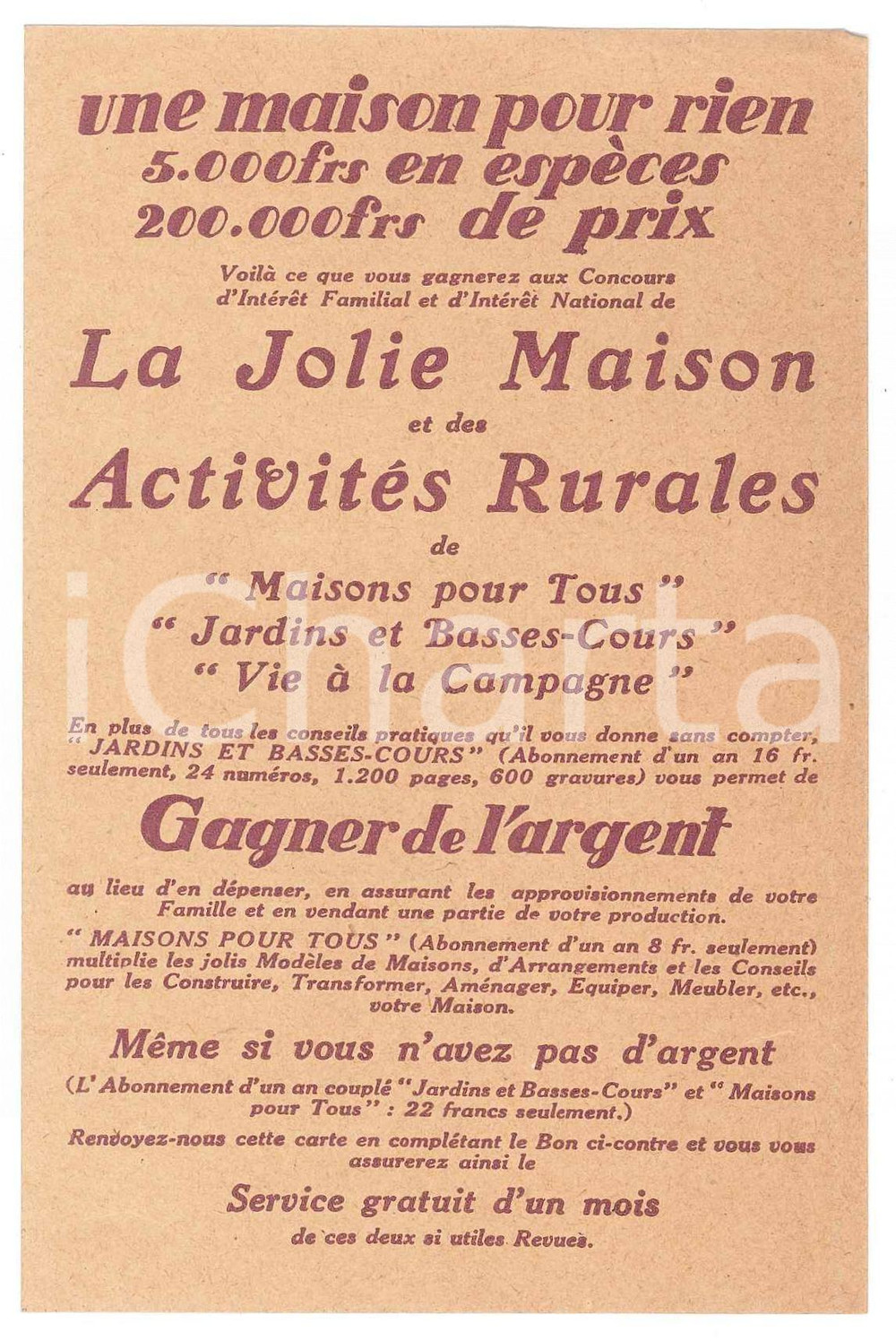 Materiale pubblicitario d’epoca 1920 ca PARIS  HACHETTE Bon pour service gratuit d un mois de MAISONS POUR TOUS 1