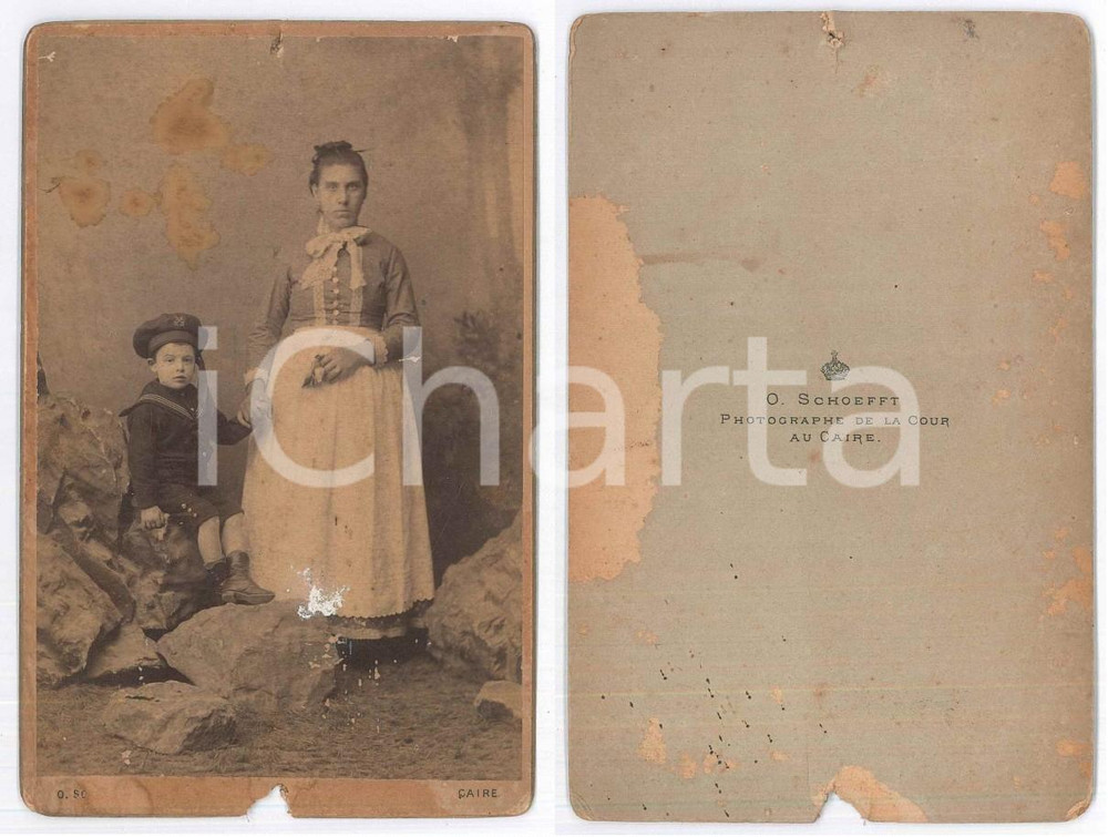 Fotografia d epoca originale 1890 ca IL CAIRO EGITTO Bambino europeo con la governante Foto Otto SCHOEFFT 1