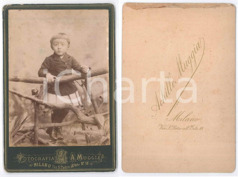 Fotografia d epoca originale 1890 ca MILANO Bambino alla staccionata  Ritratto Foto Achille MUGGIA 11x16 1