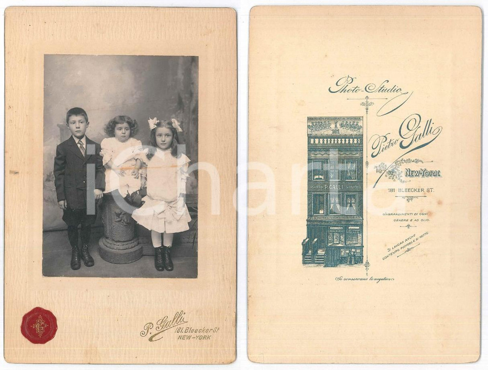 Fotografia d epoca originale 1915 ca NEW YORK USA Ritratto di tre fratelli bambini  Foto Pietro GALLI 1