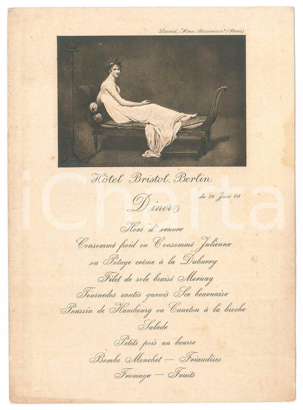 Oggetto da collezione cartaceo 1908 BERLIN  Hotel BRISTOL  Menu dÃ®ner DAVID Mme Recamier 1