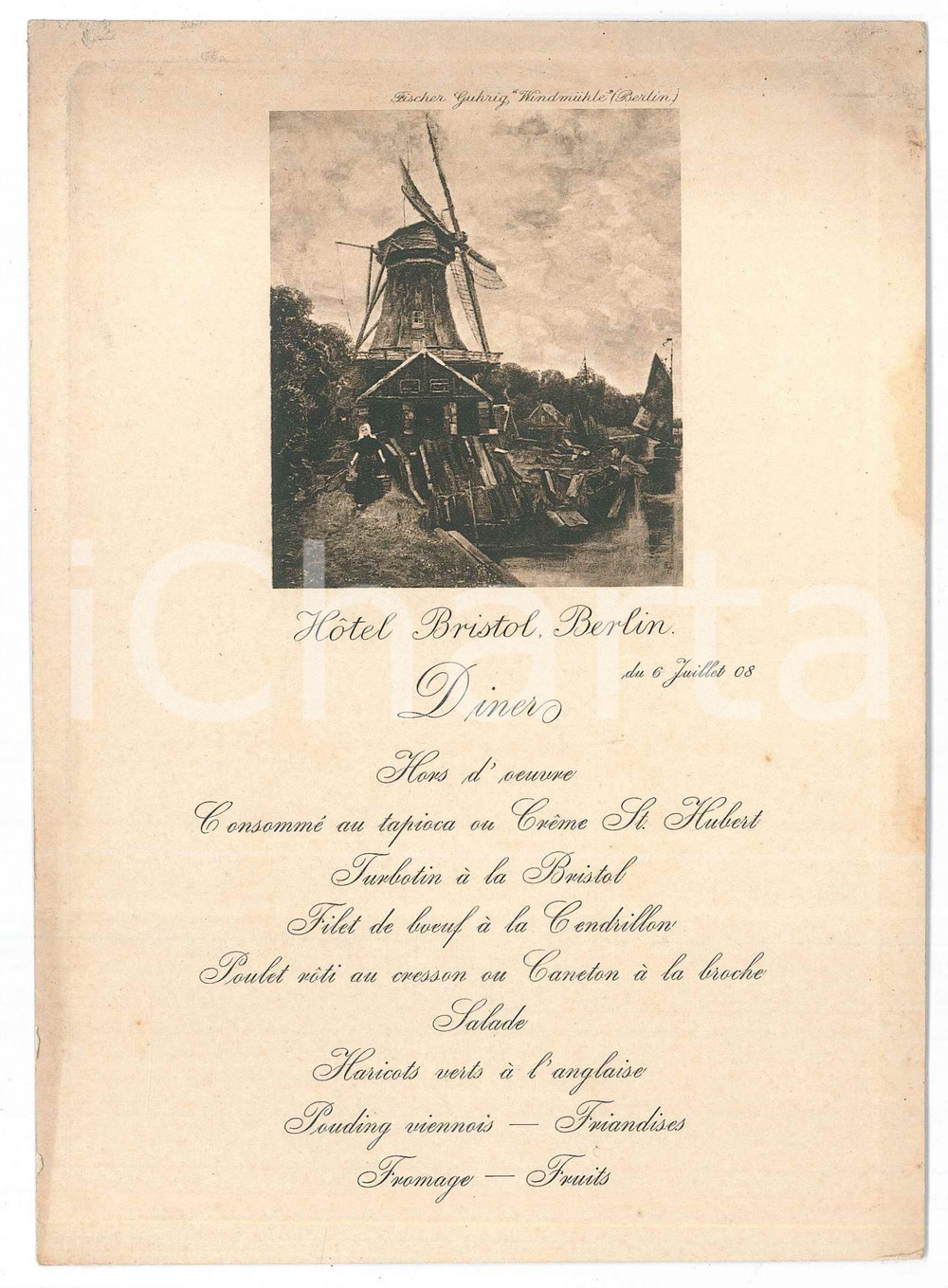 Oggetto da collezione cartaceo 1908 BERLIN  Hotel BRISTOL  Menu dÃ®ner Fischer Guhrig Windmuhle 1