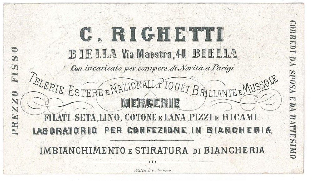 Oggetto da collezione cartaceo 1910 ca BIELLA  C. RIGHETTI Telerie e mercerie  Stiratura  Biglietto 1