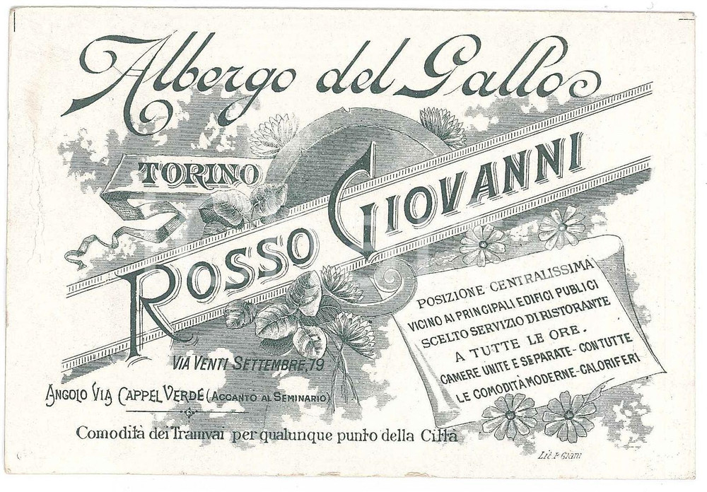 Oggetto da collezione cartaceo 1910 ca TORINO Via XX Settembre  Albergo DEL GALLO  ROSSO Giovanni  Biglietto 1