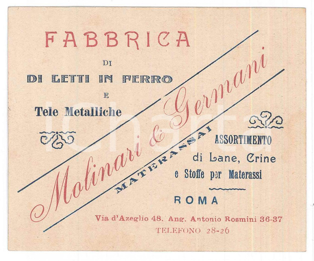Oggetto da collezione cartaceo 1907 ROMA  MOLINARI & GERMANI Letti in ferro e materassi  Biglietto 1