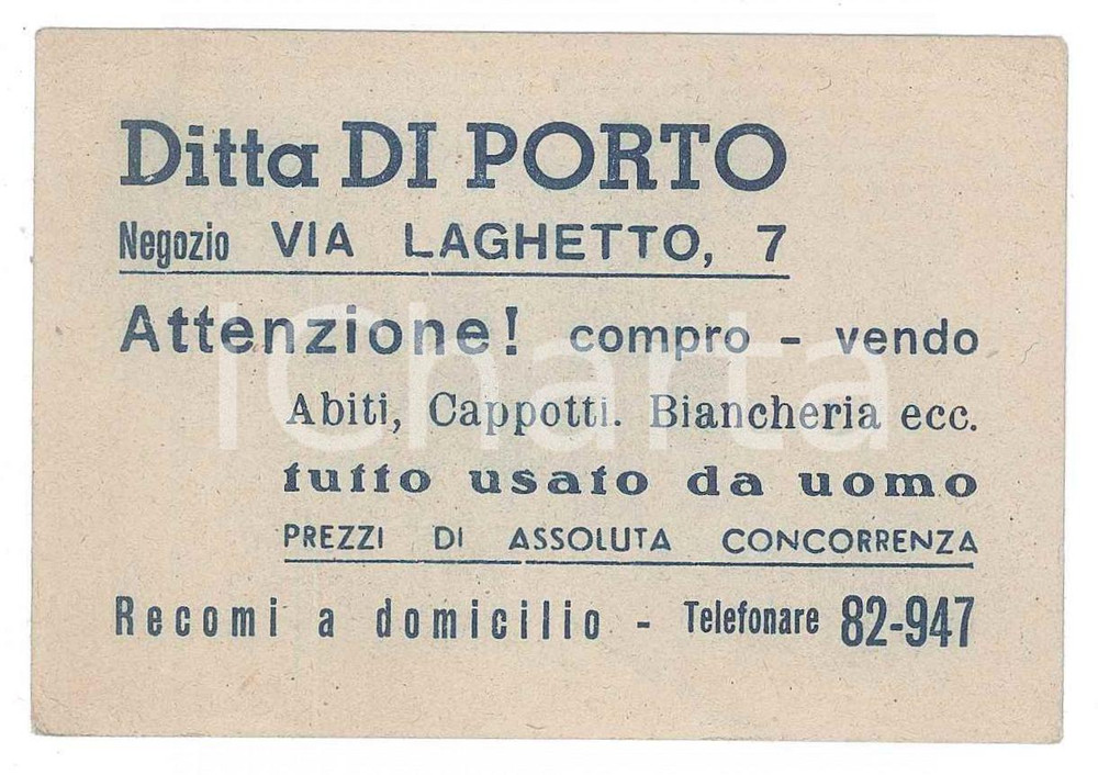 Oggetto da collezione cartaceo 1950 ca MILANO Via Laghetto 7  Ditta DI PORTO Rivendita abiti usati  Biglietto 1
