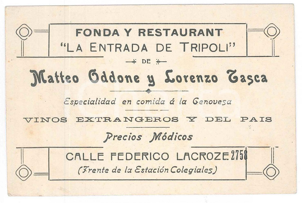 Oggetto da collezione cartaceo 1920 ca BUENOS AIRES Fonda y Restaurante LA ENTRADA DE TRIPOLI  Biglietto 1