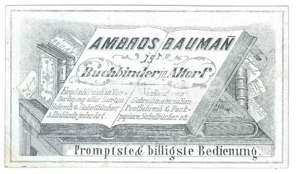 Oggetto da collezione cartaceo 1890 ca ALTORF F Ambros BAUMANN  Buchbinder Biglietto 1