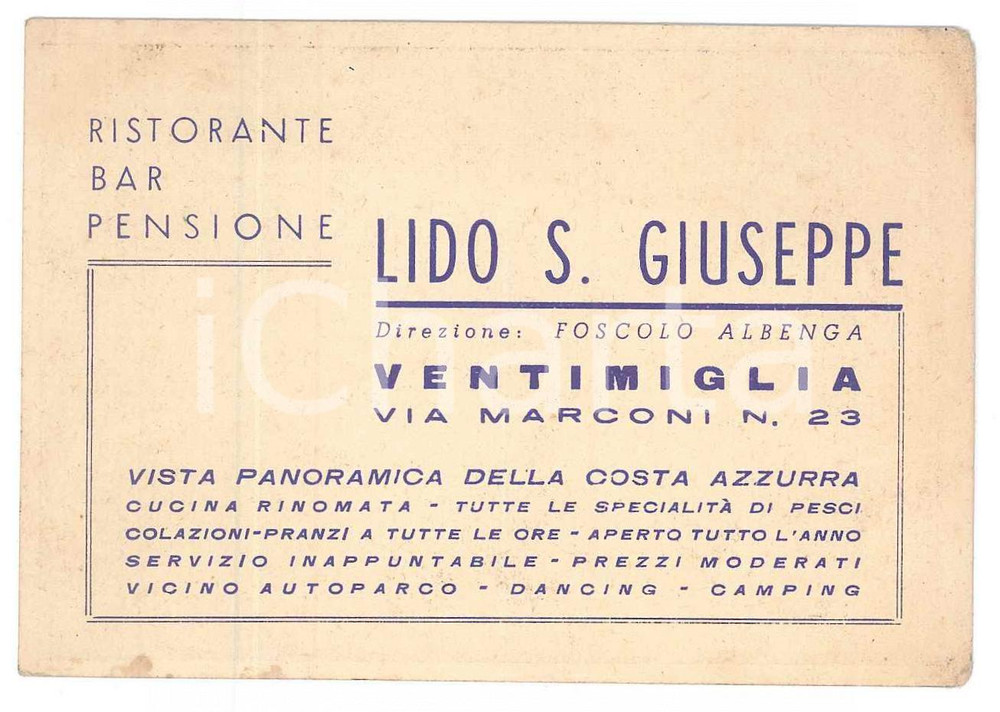 Materiale pubblicitario d’epoca 1920 ca VENTIMIGLIA Ristorante Lido San Giuseppe  Biglietto da visita 10x7 cm 1