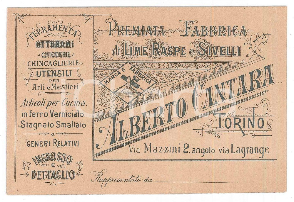 Oggetto da collezione cartaceo 1900 TORINO via Mazzini 2  Alberto CANTARA Fabbrica lime Biglietto 1