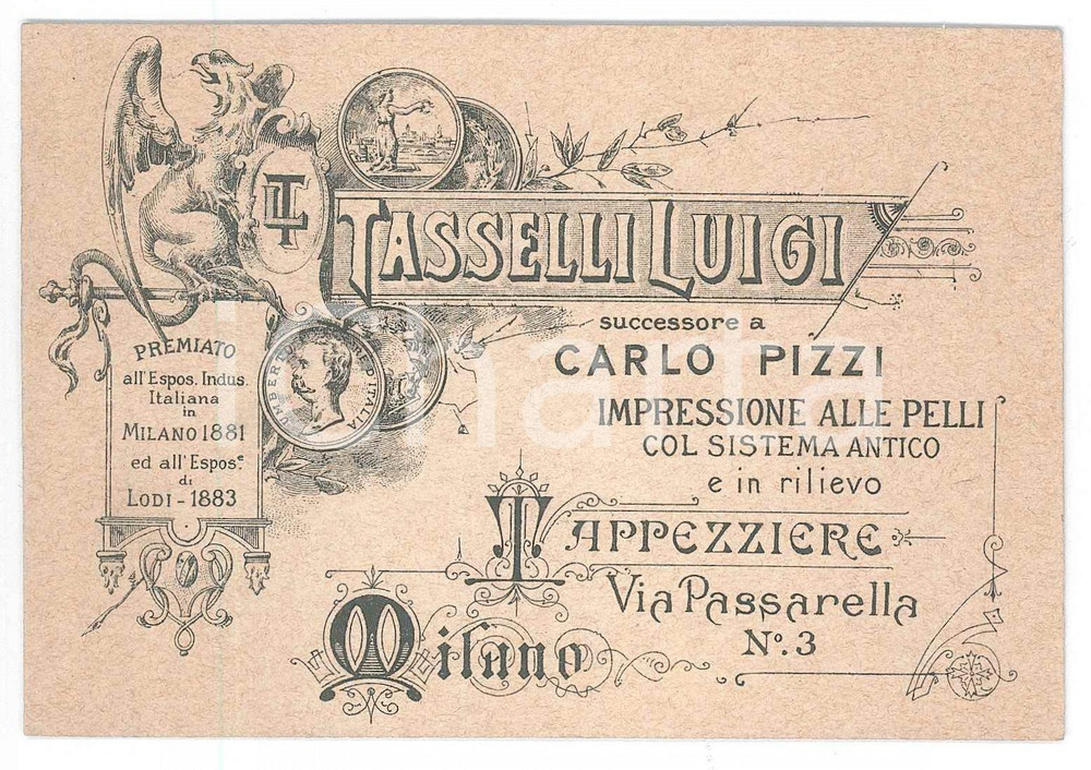 Oggetto da collezione cartaceo 1900 MILANO via Passarella  TASSELLI Luigi  Tappezziere, pelli Biglietto 1