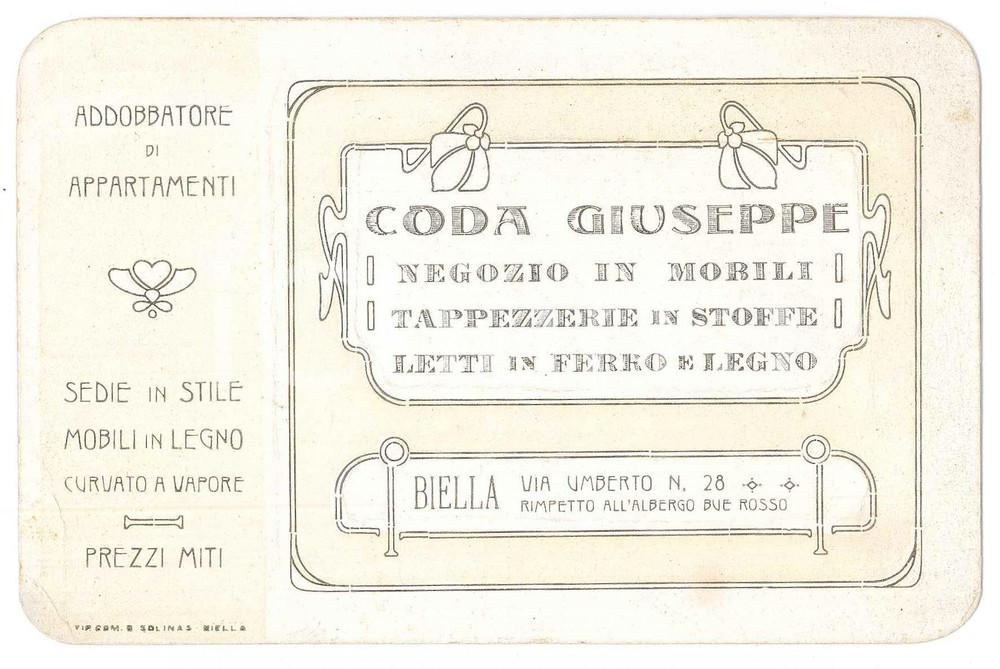Oggetto da collezione cartaceo 1910 ca BIELLA  CODA Giuseppe  Negozio in mobili, tappezzerie  Biglietto 1
