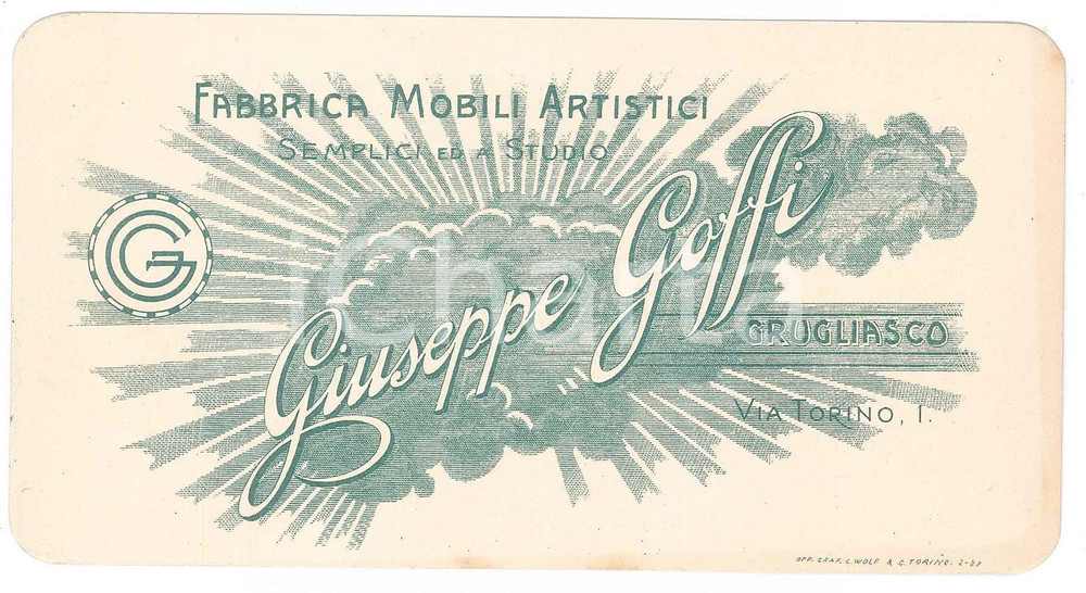 Oggetto da collezione cartaceo 1910 ca GRUGLIASCO Giuseppe GOFFI Fabbrica mobili artistici  Biglietto 14x7 cm 1
