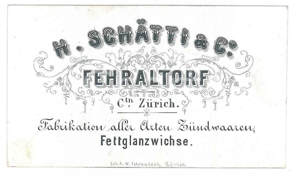 Oggetto da collezione cartaceo 1900 ca FEHRALTORF  H. SCHATTI Fabrikation aller arten zÃ¼ndwaren  10x6 cm 1