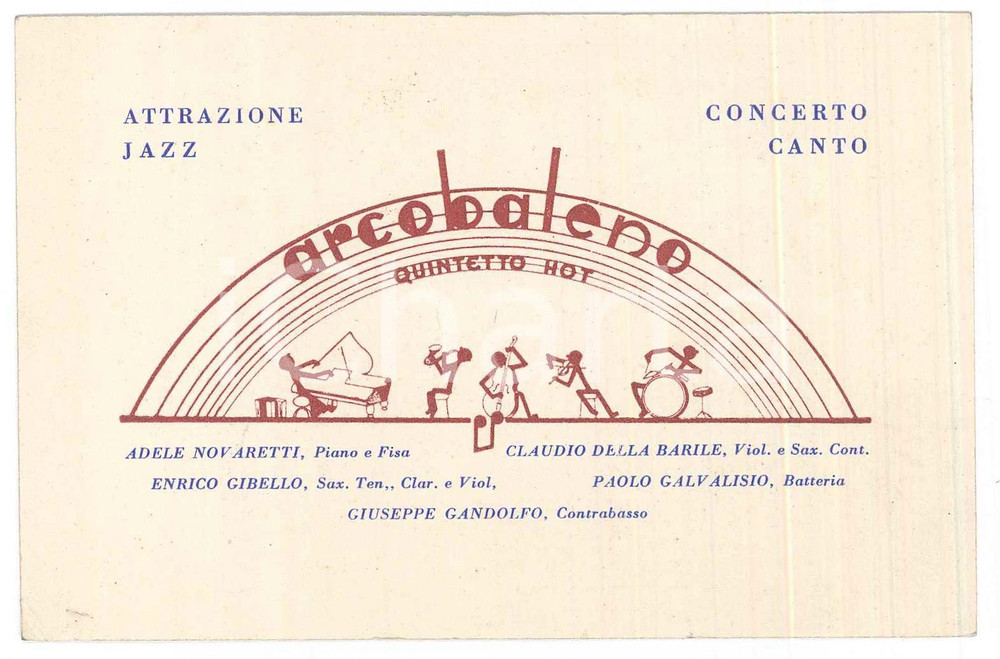 Oggetto da collezione cartaceo 1955 ca ITALIA  JAZZ Quintetto hot ARCOBALENO Biglietto da visita 12x8 cM 1