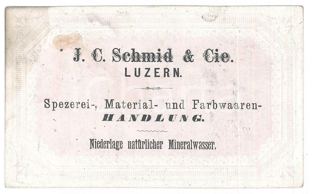 Oggetto da collezione cartaceo 1900 ca LUZERN  J.C. SCHMID Spezerei, material und farbwaren Handlung  12x7 cm 1