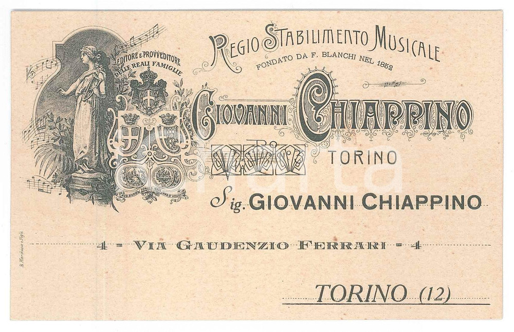 Oggetto da collezione cartaceo 1910 ca TORINO Giovanni CHIAPPINO Regio stabilimento musicale  Biglietto 13x9 1