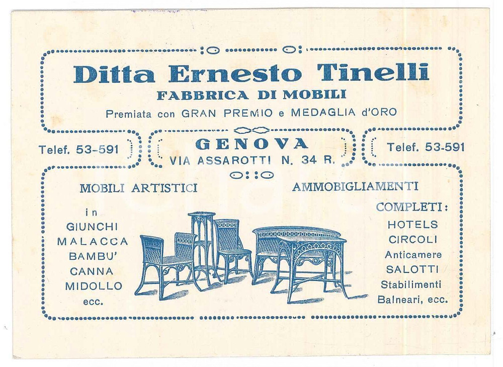 Oggetto da collezione cartaceo 1920 ca GENOVA Ditta Ernesto TINELLI Mobili in bambÃ¹  Biglietto da visita 12x8 1