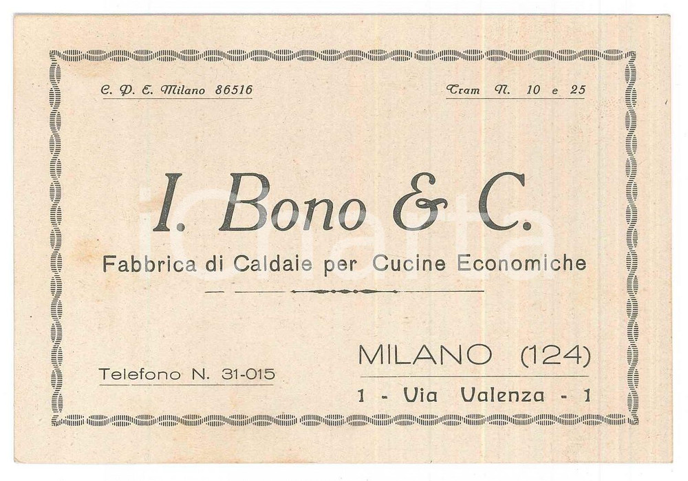 Oggetto da collezione cartaceo 1929 MILANO  I. BONO e C. Fabbrica di caldaie per cucine economiche  Biglietto 1