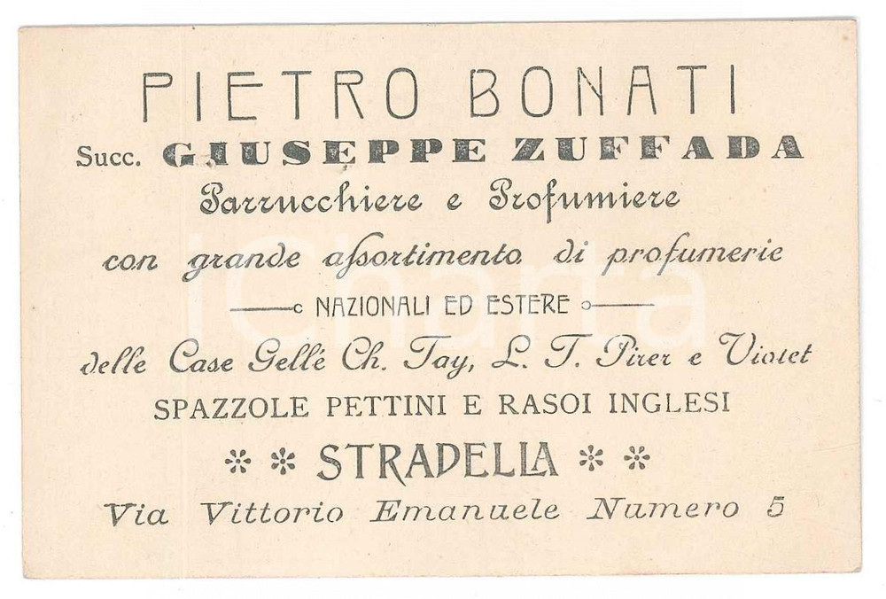 Oggetto da collezione cartaceo 1903 STRADELLA PV Pietro BONATI Parrucchiere e profumiere  Biglietto 1