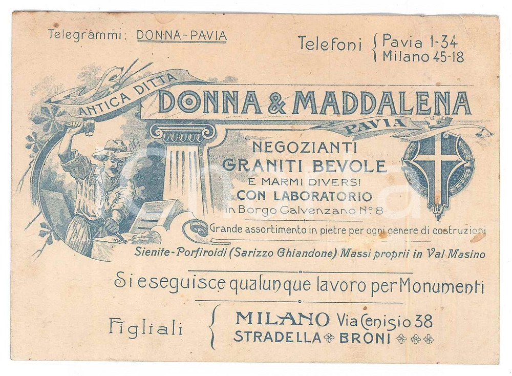 Oggetto da collezione cartaceo 1928 PAVIA Ditta DONNA & MADDALENA  Graniti, bevole e marmi  Biglietto 1