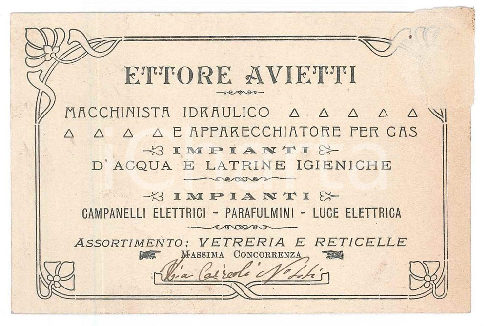 Oggetto da collezione cartaceo 1920 ca ITALIA Ettore AVIETTI Idraulico  Biglietto da visita DANNEGGIATO 10x7 1
