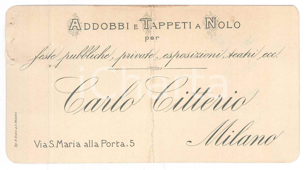 Oggetto da collezione cartaceo 1900 MILANO Carlo CITTERIO Addobbi e tappeti a nolo  Biglietto da visita 15x8 1
