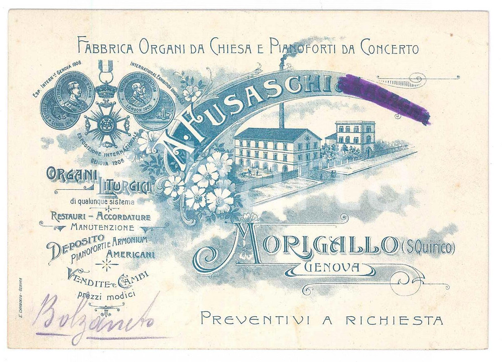 Oggetto da collezione cartaceo 1910 ca GENOVA MORIGALLO  A. FUSASCHI Organi da chiesa Biglietto 1